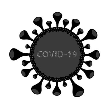 Coronavirus Hücre simgesi, beyaz arkaplanda COVID-19 metni ile siyah ve beyaz vektör koronavirüsü imzası.