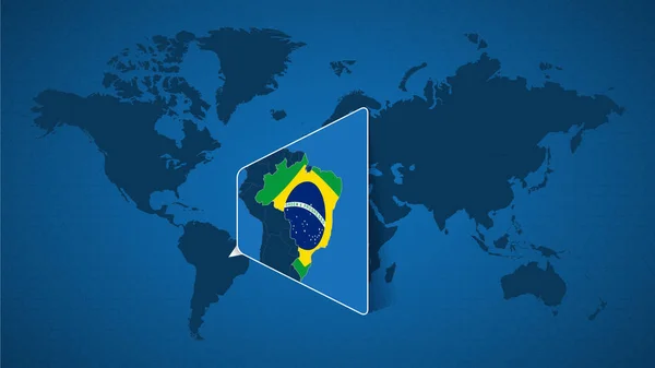 Szczegółowa Mapa Świata Przygwożdżoną Powiększoną Mapą Brazylii Sąsiednich Krajów Flaga — Wektor stockowy