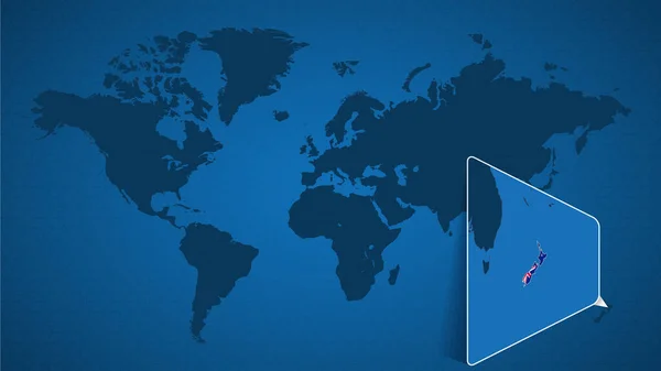 Gedetailleerde Wereldkaart Met Vastgepind Uitgebreide Kaart Van Nieuw Zeeland Buurlanden — Stockvector