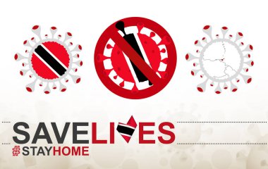 Trinidad, Tobago bayrağı ve haritalı Coronavirus hücresi. COVID-19 işaretini durdurun, slogan hayat kurtarın soyut tıbbi bakteri arka planında Trinidad ve Tobago bayrağıyla evde kalın.