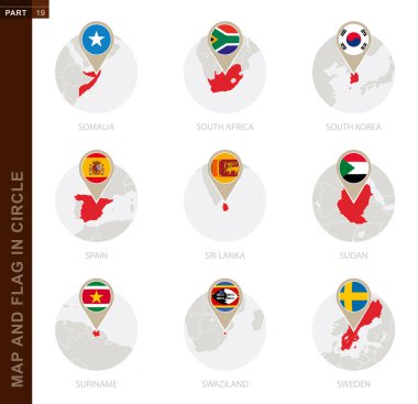 9 ülkenin haritası ve bayrağı: Somali, Güney Afrika, Güney Kore, İspanya, Sri Lanka, Sudan, Surinam, Svaziland, İsveç