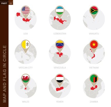 Map and Flag in a circle of 9 Countries: USA, Uzbekistan, Vanuatu, Vatican City, Venezuela, Vietnam, Wales, Yemen, Zambia clipart