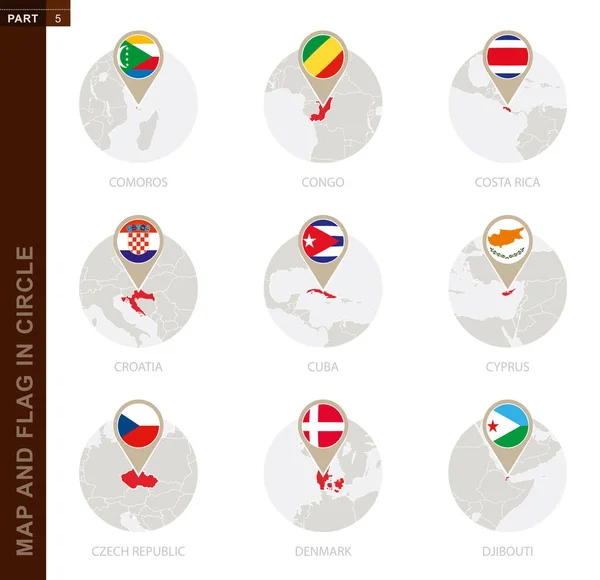 9个国家的地图和旗帜 科摩罗 哥斯达黎加 克罗地亚 塞浦路斯 捷克共和国 吉布提 — 图库矢量图片