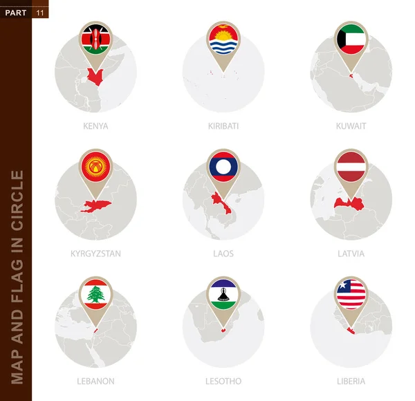 Map Flag Circle Countries Kenya Kiribati Kuwait Kyrgyzstan Laos Latvia — Stock Vector