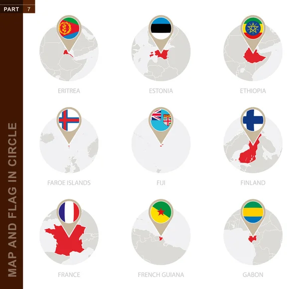 地図と旗9カ国 エリトリア エストニア エチオピア フォークランド諸島 フィジー フィンランド フランス フランス領ギアナ ガボン — ストックベクタ