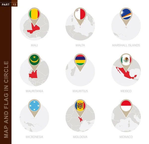 Mapa Bandeira Círculo Países Mali Malta Ilhas Marshall Mauritânia Maurício —  Vetores de Stock