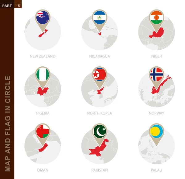 Mappa Bandiera Cerchio Paesi Nuova Zelanda Nicaragua Niger Nigeria Corea — Vettoriale Stock