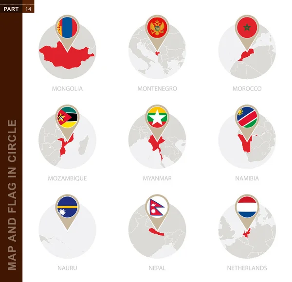 Mapa Bandera Círculo Países Mongolia Montenegro Marruecos Mozambique Myanmar Namibia — Archivo Imágenes Vectoriales