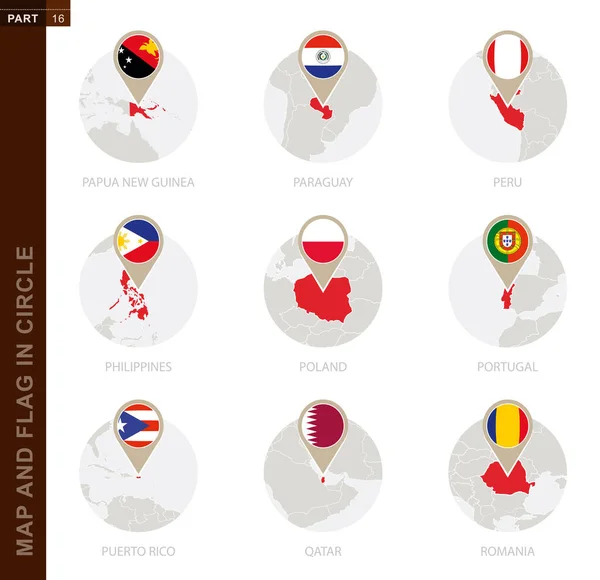 Mappa Bandiera Cerchio Paesi Papua Nuova Guinea Paraguay Peru Filippine — Vettoriale Stock