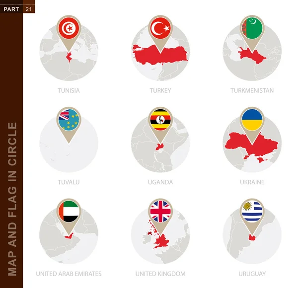 地図と旗の9カ国 チュニジア トルコ トルクメニスタン ツバル ウガンダ ウクライナ アラブ首長国連邦 イギリス ウルグアイ — ストックベクタ