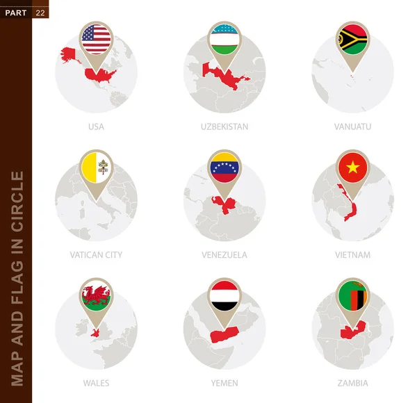 Karte Und Flagge Kreis Von Ländern Usa Usbekistan Vanuatu Vatikanstadt — Stockvektor