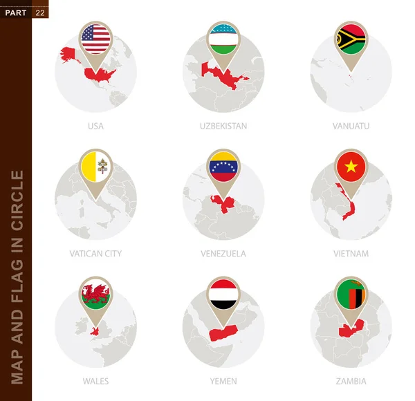 Mapa Bandera Círculo Países Estados Unidos Uzbekistán Vanuatu Ciudad Del — Archivo Imágenes Vectoriales