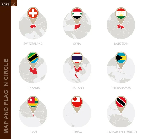 Map Flag Circle Countries Switzerland Syria Taiwan Tajikistan Tanzania Thailand — Stock Vector