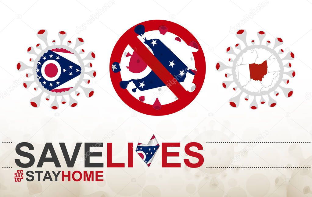 Coronavirus cell with US State Ohio flag and map. Stop COVID-19 sign, slogan save lives stay home with flag of Ohio on abstract medical bacteria background.