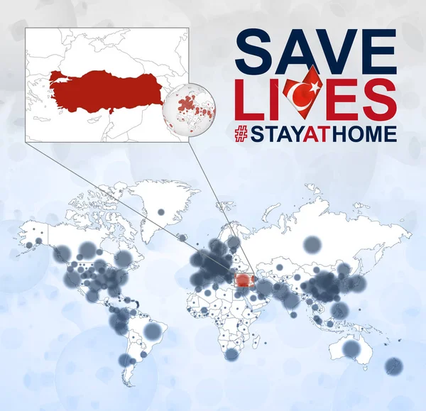 Mappa Del Mondo Con Casi Coronavirus Concentrarsi Sulla Turchia Malattia — Vettoriale Stock