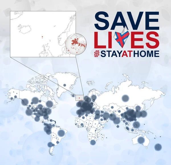世界地图 记载了法罗群岛的科罗纳韦勒斯病例 重点是法罗群岛的Covid 19疾病 用法罗群岛的国旗拯救生命 病媒模板 — 图库矢量图片