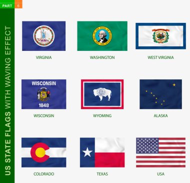 El sallayan ABD bayrakları, desenli ulusal bayrak. ABD Virginia, Washington, Batı Virginia, Wisconsin, Wyoming, Alaska, Colorado, Teksas, ABD