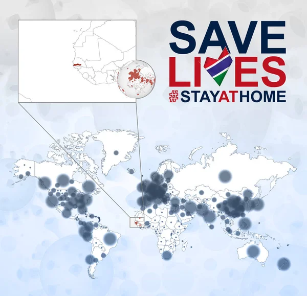 Weltkarte Mit Coronavirus Fällen Konzentriert Sich Auf Gambia Covid Krankheit — Stockvektor