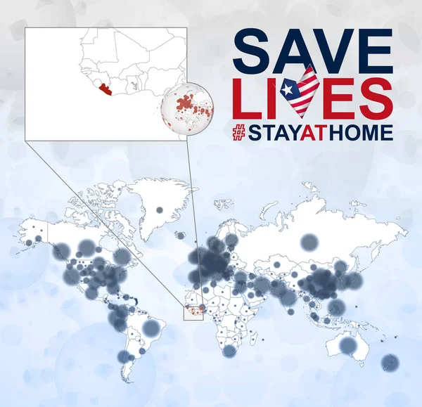 Coronavirus 사례와 지도는 라이베리아 Covid 질병에 초점을 맞춘다 Slogan Lives — 스톡 벡터