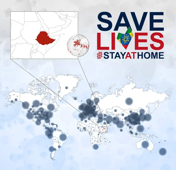 Weltkarte Mit Coronavirus Fällen Konzentriert Sich Auf Äthiopien Covid Krankheit — Stockvektor