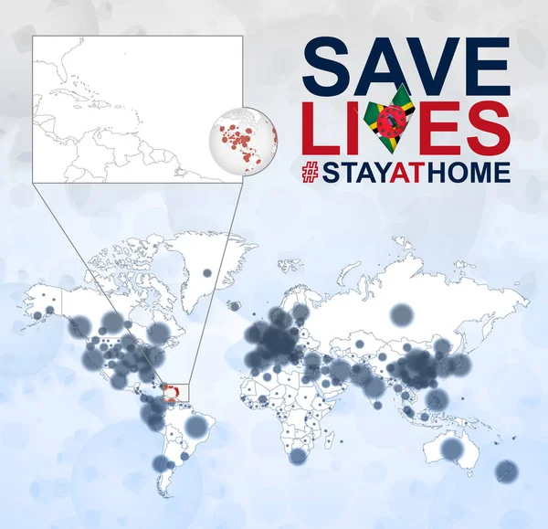 Mapa Mundo Com Casos Coronavirus Com Foco Dominica Doença Covid —  Vetores de Stock