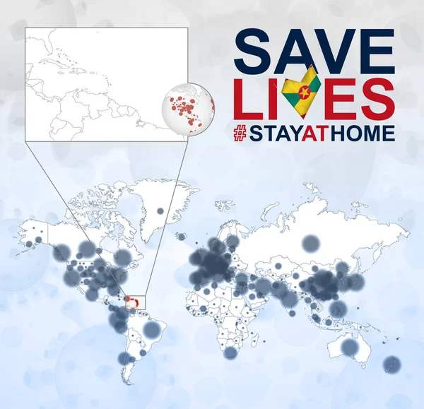 グレナダのCovid 19疾患 グレナダに焦点を当てたコロナウイルスの症例で世界地図 スローガングレナダの旗で命を救う ベクトルテンプレート — ストックベクタ