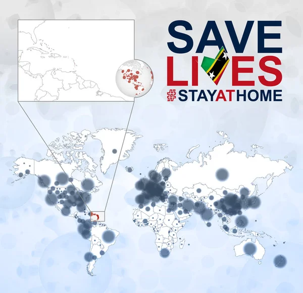 载有Coronavirus病例的世界地图侧重于圣基茨和尼维斯的Covid 19型疾病 用圣基茨和尼维斯国旗拯救生命 病媒模板 — 图库矢量图片