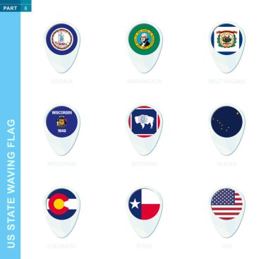 Pin bayrağı seti, mavi renkli harita konumu simgesi ABD bayrağı Virginia, Washington, Batı Virginia, Wisconsin, Wyoming, Alaska, Colorado, Teksas, ABD