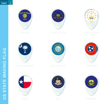 Pin bayrağı, mavi renkli harita konumu simgesi Oregon, Pennsylvania, Rhode Island, Güney Carolina, Güney Dakota, Tennessee, Teksas, Utah, Vermont