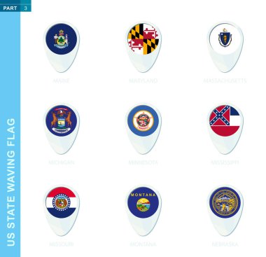 Pin bayrağı, ABD bayrağı Maine, Maryland, Massachusetts, Michigan, Minnesota, Mississippi, Missouri, Montana, Nebraska ile mavi renkli harita konum simgesi