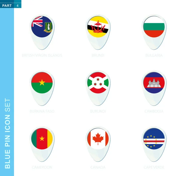 Conjunto Bandera Pin Icono Ubicación Del Mapa Colores Azules Con — Archivo Imágenes Vectoriales