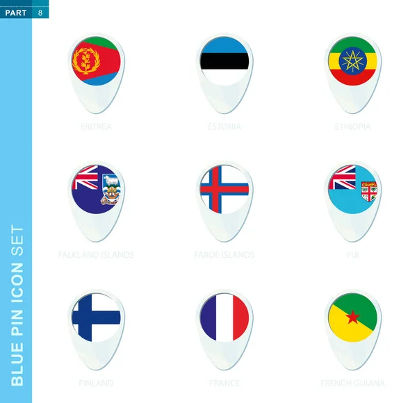 Conjunto Bandera Pin Icono Ubicación Del Mapa Colores Azules Con — Archivo Imágenes Vectoriales