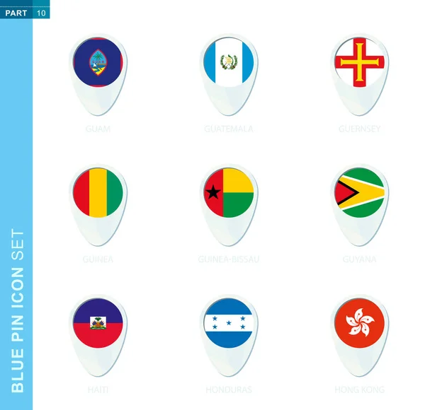 Pin Flag Set Kaart Locatie Icoon Blauwe Kleuren Met Vlag — Stockvector