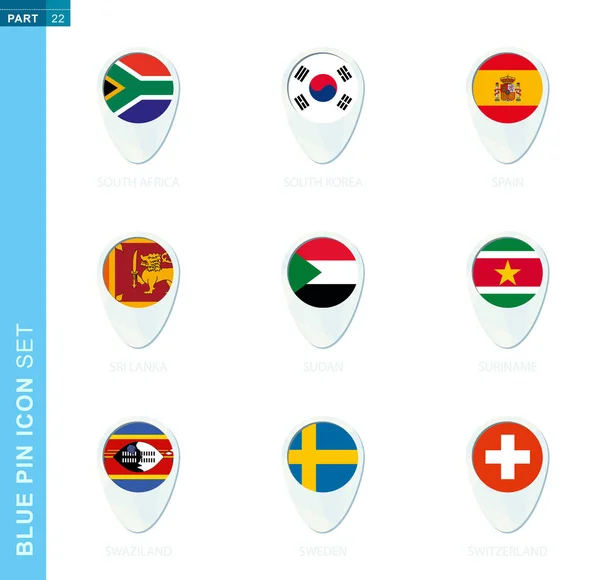 Pin Flag Set Kaart Locatie Icoon Blauwe Kleuren Met Vlag — Stockvector