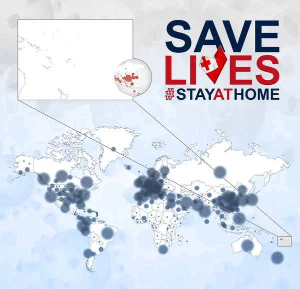 World Map Cases Coronavirus Focus Tonga Covid Disease Tonga 성조기로 — 스톡 벡터