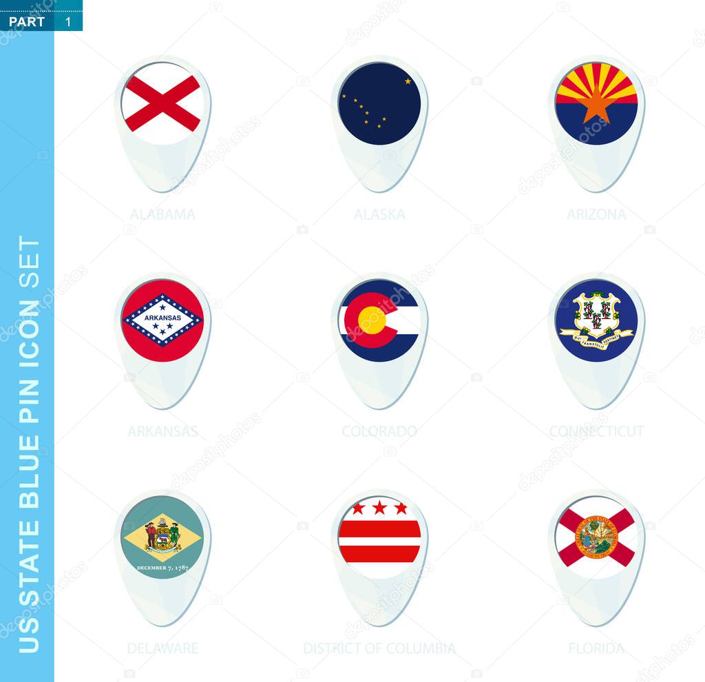Pin flag set, map location icon in blue colors with USA state flag of Alabama, Alaska, Arizona, Arkansas, Colorado, Connecticut, Delaware, District of Columbia, Florida