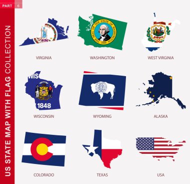 US State Maps with flag collection, nine USA map contour with flag of Virginia, Washington, West Virginia, Wisconsin, Wyoming, Alaska, Colorado, Texas, USA clipart