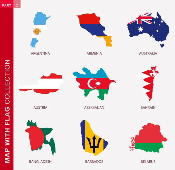 Karta Med Flaggsamling Nio Kartkonturer Med Argentina Armenien Australien Österrike — Stock vektor