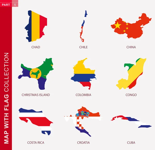 Mapa Con Colección Bandera Nueve Contorno Mapa Con Bandera Chad — Vector de stock