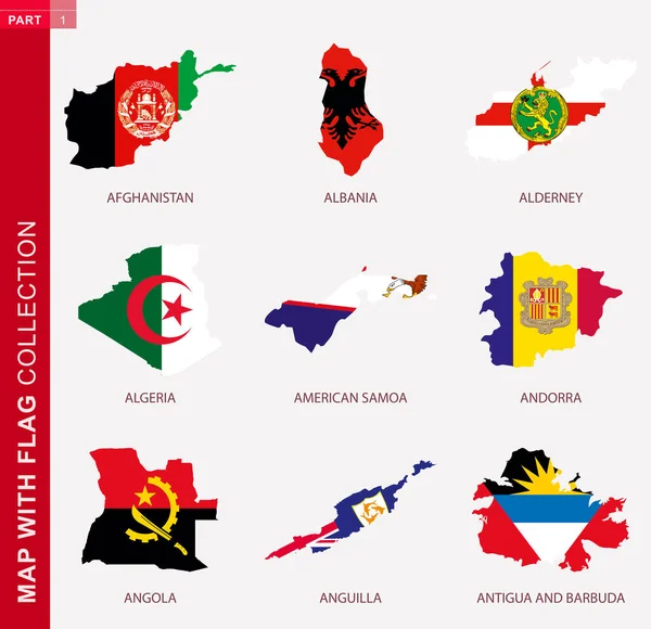 Mapa Con Colección Bandera Nueve Contornos Con Bandera Afganistán Albania — Vector de stock