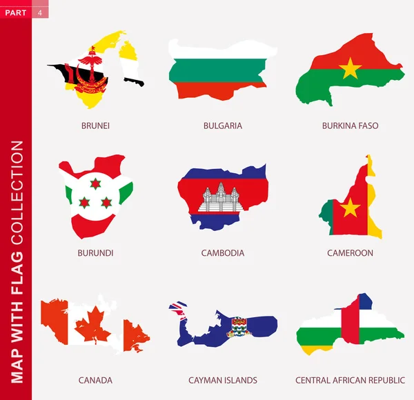 地図コレクションで ブルネイ ブルガリア ブルキナファソ ブルンジ カンボジア カメルーン カナダ ケイマン諸島 中央アフリカ共和国の国旗と9つの地図 — ストックベクタ