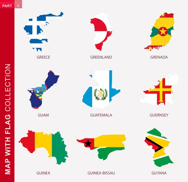 Карта Колекцією Прапорів Дев Ять Мап Контур Прапором Греції Гренландії — стоковий вектор
