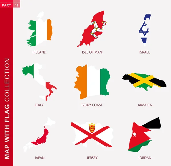 Karta Med Flaggsamling Nio Kartkonturer Med Irlands Flagga Isle Man — Stock vektor
