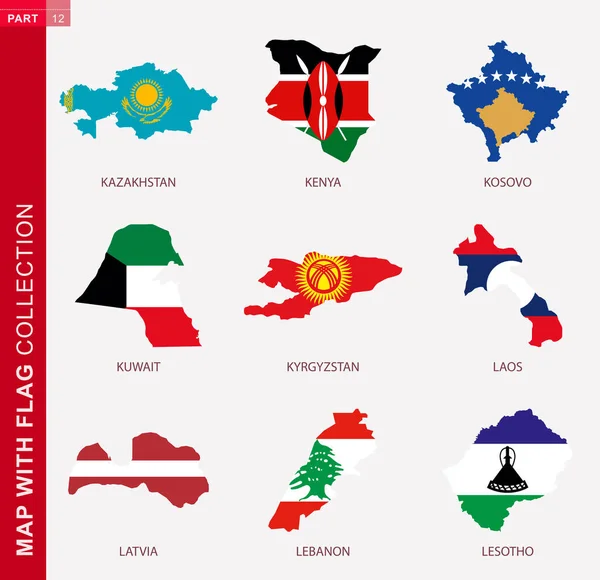 Χάρτης Συλλογή Σημαιών Περίγραμμα Εννέα Χαρτών Σημαία Καζακστάν Κένυας Κοσσυφοπεδίου — Διανυσματικό Αρχείο