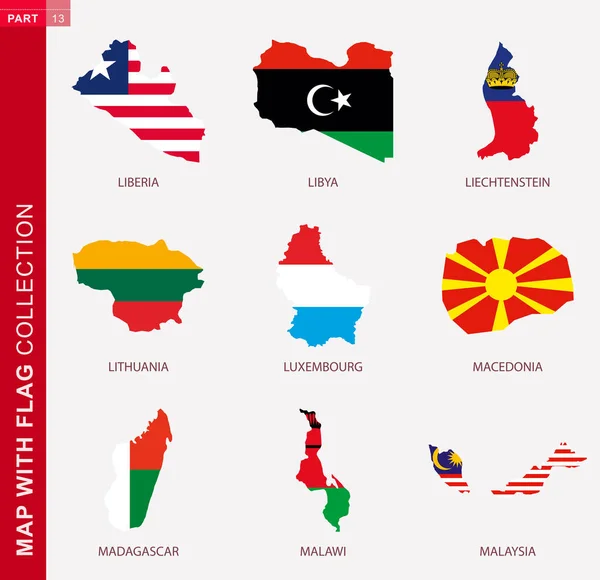 Карта Коллекцией Флагов Девять Контуров Карт Флагом Либерии Ливии Лихтенштейна — стоковый вектор