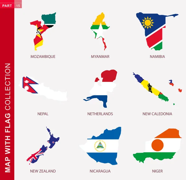 Kaart Met Vlaggencollectie Negen Kaartcontouren Met Vlag Van Mozambique Myanmar — Stockvector