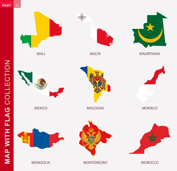 Mapa Con Colección Bandera Nueve Contorno Del Mapa Con Bandera — Vector de stock