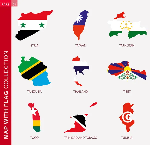 Mapa Kolekcją Flag Dziewięć Konturów Mapy Flagą Syrii Tajwanu Tadżykistanu — Wektor stockowy