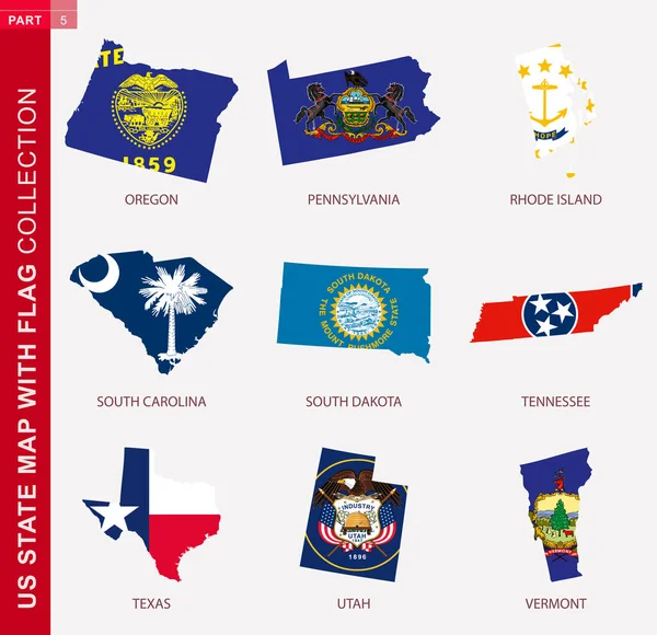 有国旗收藏的美国州地图 9幅印有俄勒冈 宾夕法尼亚 罗得岛 南卡罗来纳州 南达科他州 田纳西州 德克萨斯 犹他州 佛蒙特州国旗的美国地图等高线 — 图库矢量图片