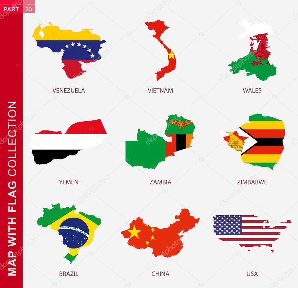 Map with flag collection, nine map contour with flag of Venezuela, Vietnam, Wales, Yemen, Zambia, Zimbabwe, Brazil, China, USA